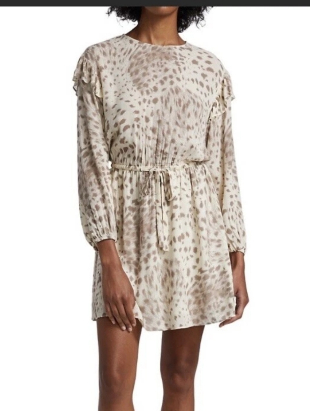 Rails Ora Puma Rayon Chiffon Beige Spotted Long-Sleeve Drawstring Mini Dress